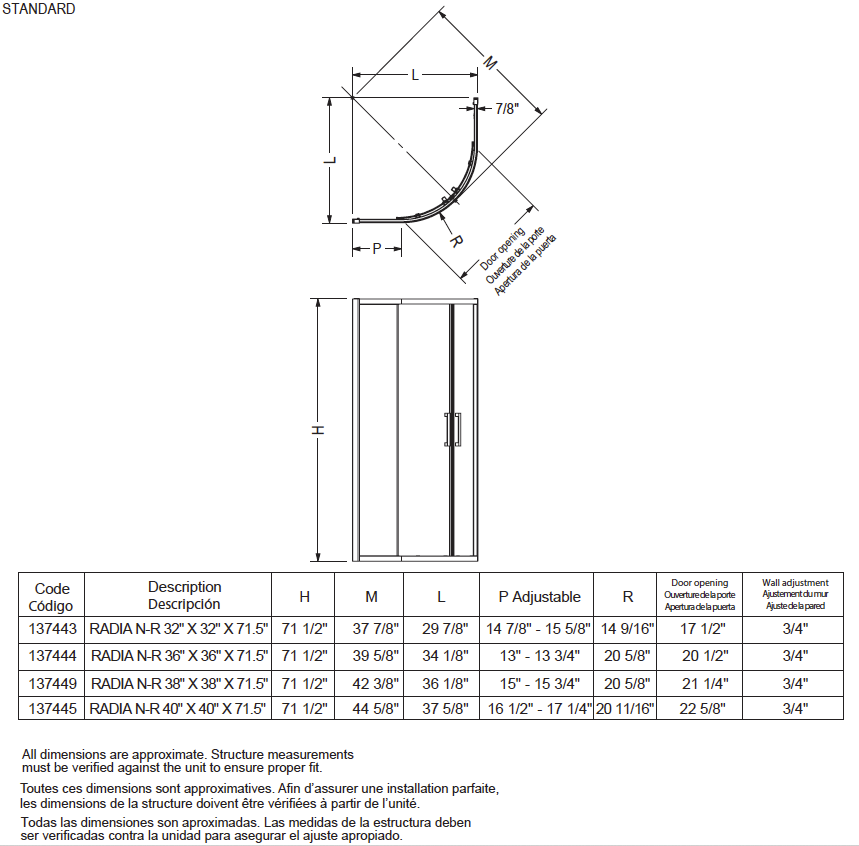 Radia Neo-round Sliding Shower Door 32 x 32 x 71 ½ in. 6 mm Corner Shower door - BNGBath