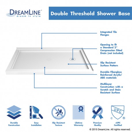 DreamLine SlimLine 36 in. D x 60 in. W x 2 3/4 in. H Right Drain Double Threshold Shower Base in White - BNGBath