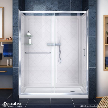 DreamLine Infinity-Z Clear Sliding Shower Door, Right Drain Base and Backwalls - BNGBath