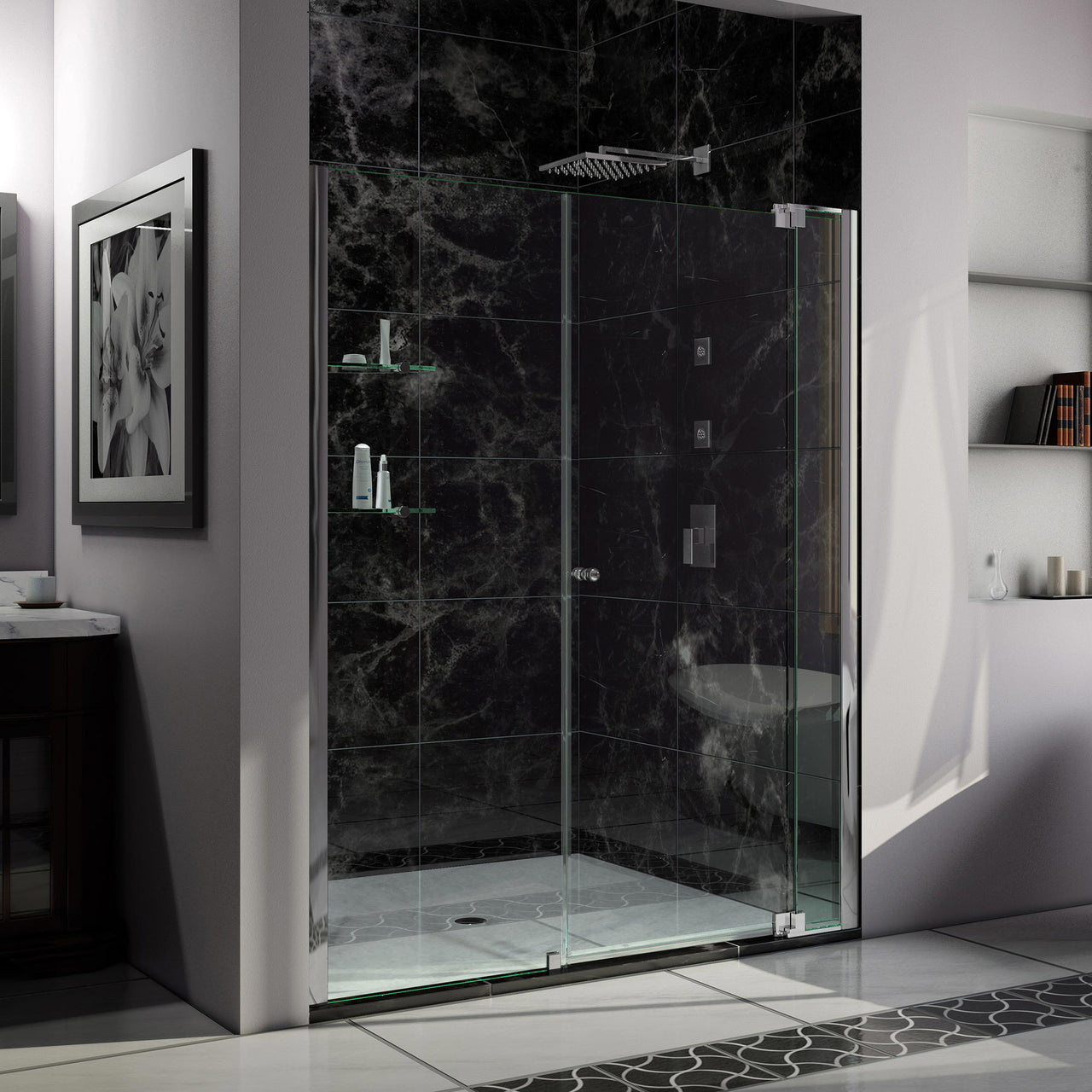 DreamLine Allure 60-61 in. W x 73 in. H Frameless Pivot Shower Door - BNGBath