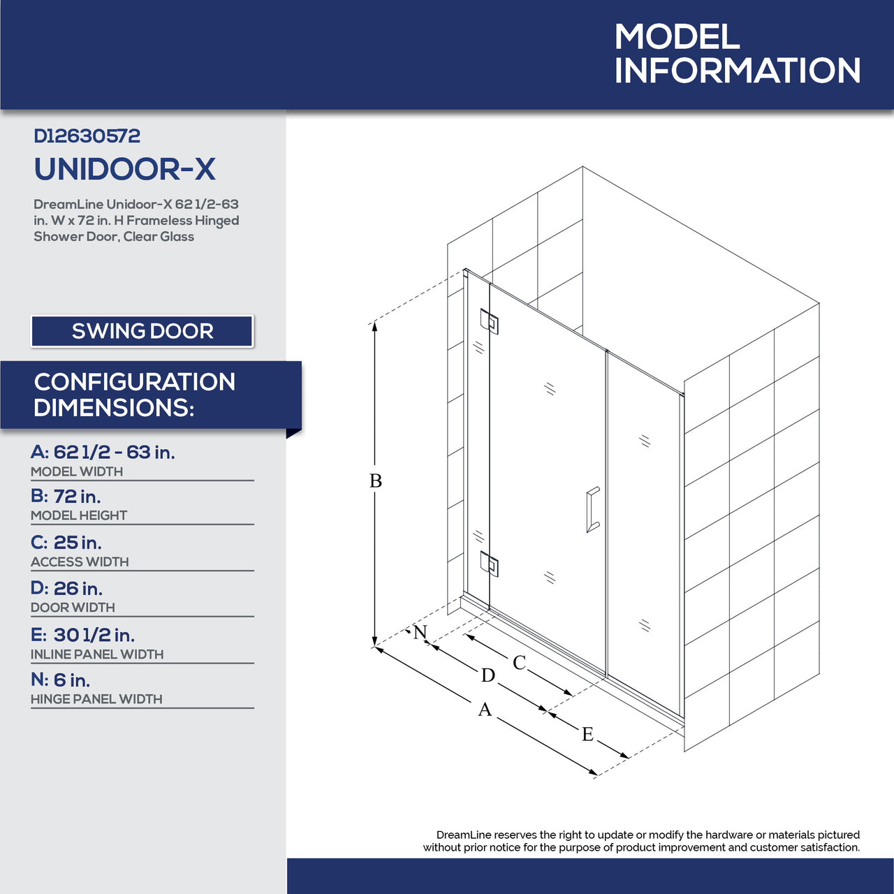 DreamLine Unidoor-X 62 1/2-63 in. W x 72 in. H Frameless Hinged Shower Door - BNGBath