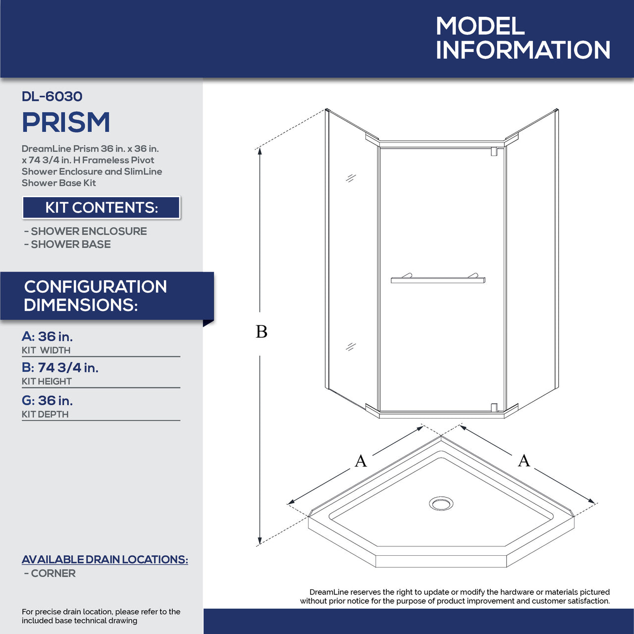 DreamLine Prism 36 in. x 36 in. x 74 3/4 in. H Frameless Pivot Shower Enclosure and SlimLine Shower Base Kit - BNGBath