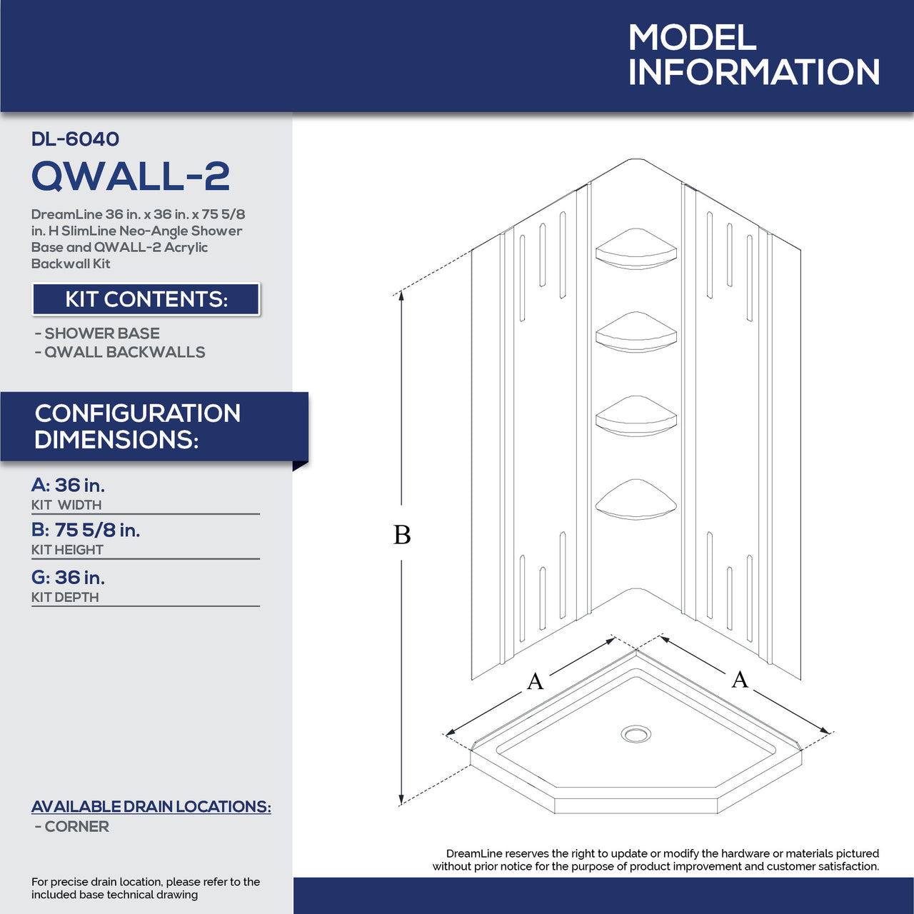 DreamLine 36 in. x 36 in. x 75 5/8 in. H SlimLine Neo-Angle Shower Base and QWALL-2 Acrylic Backwall Kit - BNGBath