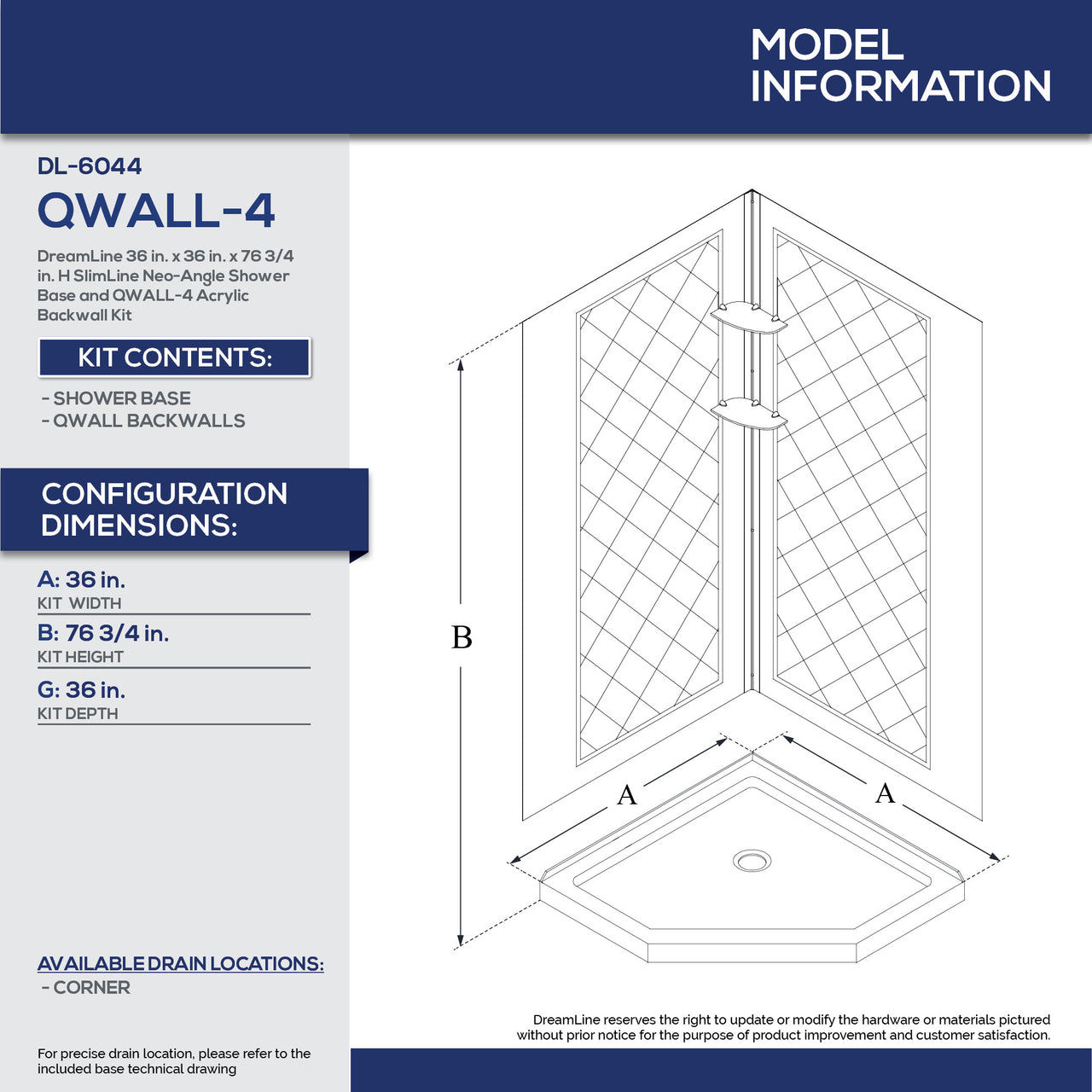 DreamLine 36 in. x 36 in. x 76 3/4 in. H SlimLine Neo-Angle Shower Base and QWALL-4 Acrylic Backwall Kit - BNGBath