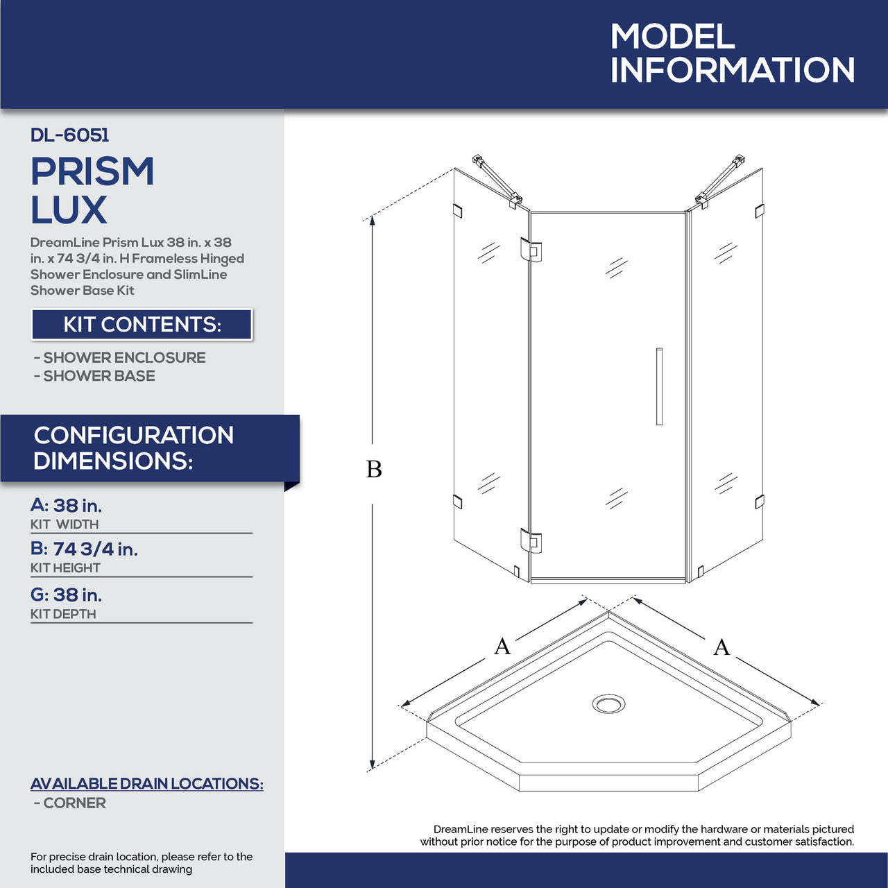 DreamLine Prism Lux 38 in. x 38 in. x 74 3/4 in. H Frameless Hinged Shower Enclosure and SlimLine Shower Base Kit - BNGBath