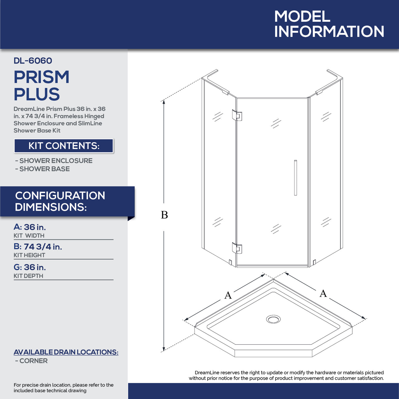 DreamLine Prism Plus 36 in. x 36 in. x 74 3/4 in. Frameless Hinged Shower Enclosure and SlimLine Shower Base Kit - BNGBath