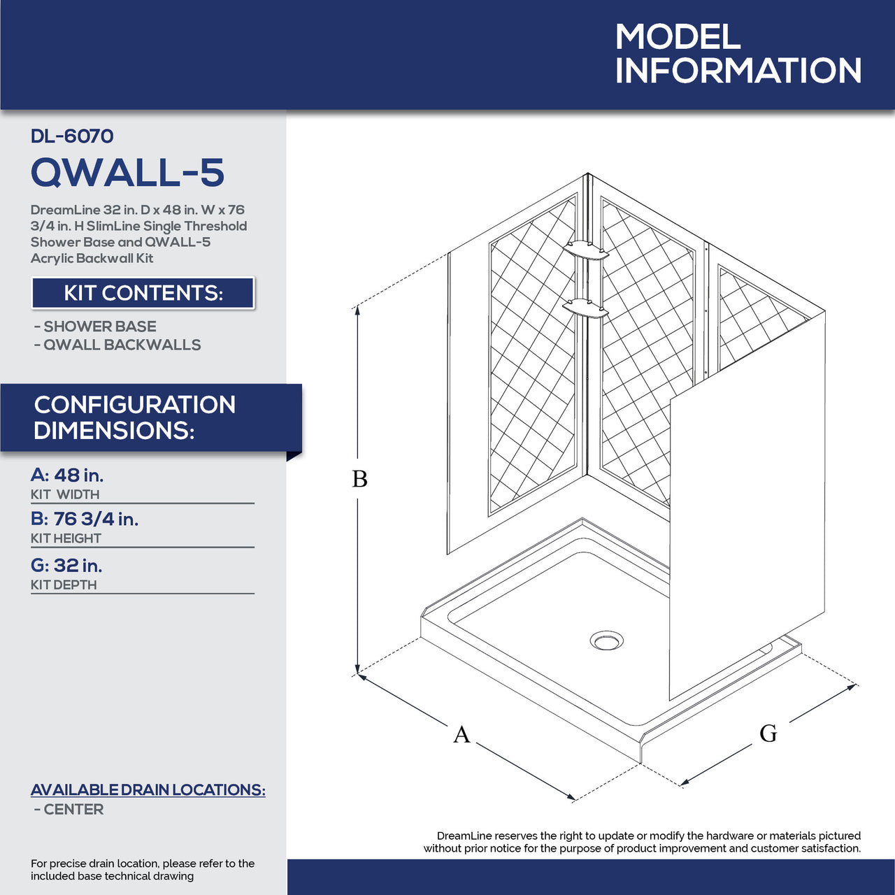 DreamLine 32 in. D x 48 in. W x 76 3/4 in. H SlimLine Single Threshold Shower Base and QWALL-5 Acrylic Backwall Kit - BNGBath