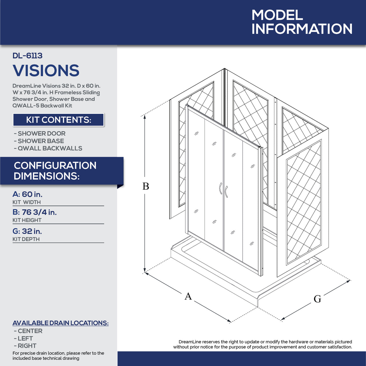 DreamLine Visions 32 in. D x 60 in. W x 76 3/4 in. H Semi-Frameless Sliding Shower Door, Shower Base and QWALL-5 Backwall Kit - BNGBath