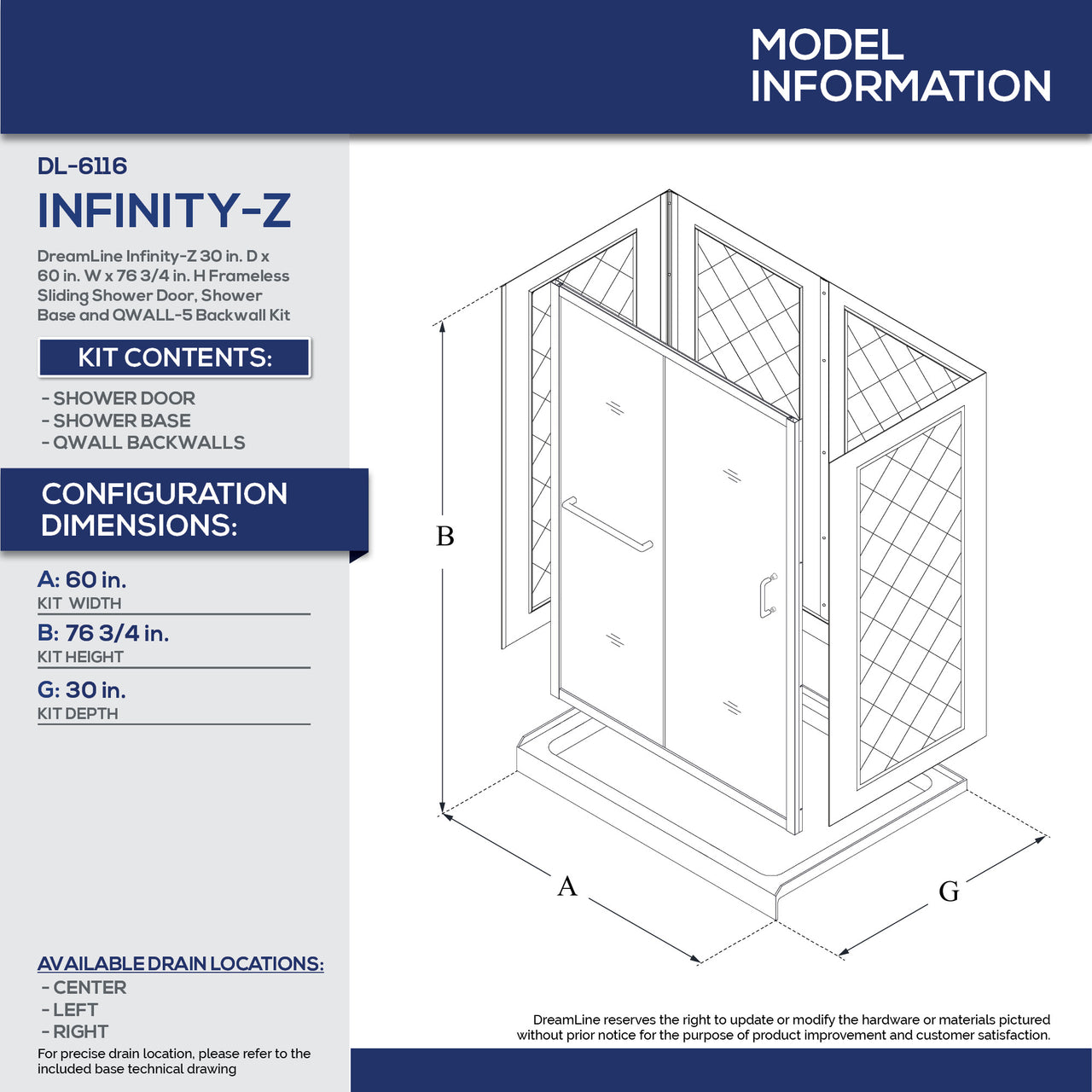 DreamLine Infinity-Z 30 in. D x 60 in. W x 76 3/4 in. H Semi-Frameless Sliding Shower Door, Shower Base and QWALL-5 Backwall Kit, Clear Glass - BNGBath