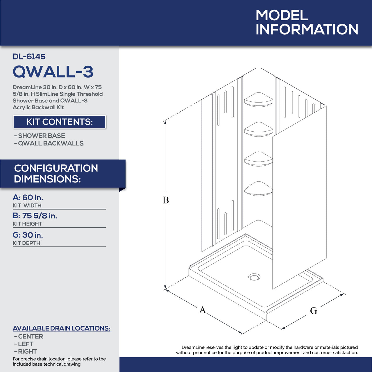 DreamLine 30 in. D x 60 in. W x 75 5/8 in. H SlimLine Single Threshold Shower Base and QWALL-3 Acrylic Backwall Kit - BNGBath