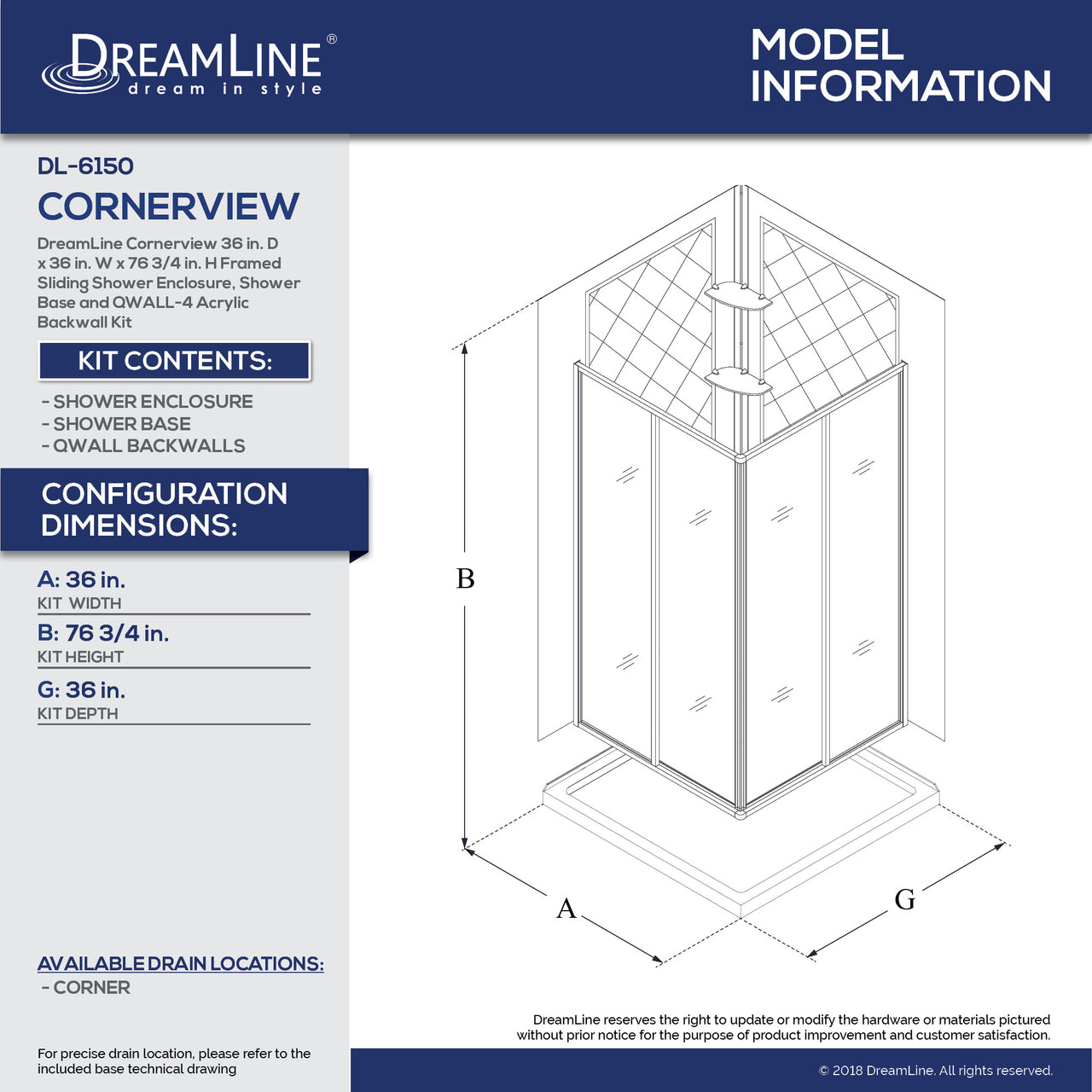 DreamLine Cornerview 36 in. D x 36 in. W x 76 3/4 in. H Framed Sliding Shower Enclosure, Shower Base and QWALL-4 Acrylic Backwall Kit - BNGBath