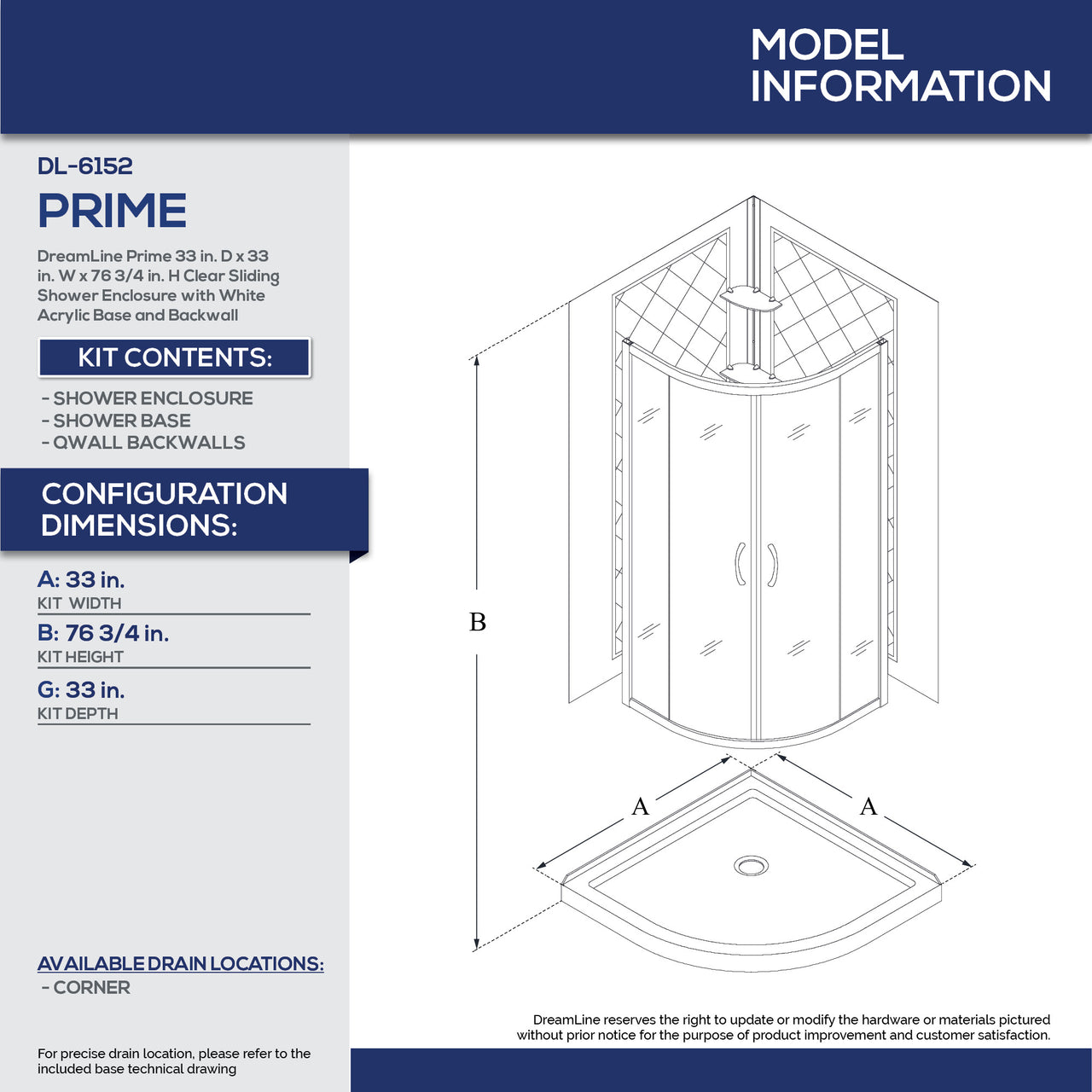 DreamLine Prime 33 in. x 33 in. x 76 3/4 in. H Sliding Shower Enclosure, Shower Base and QWALL-4 Acrylic Backwall Kit, Frosted Glass - BNGBath