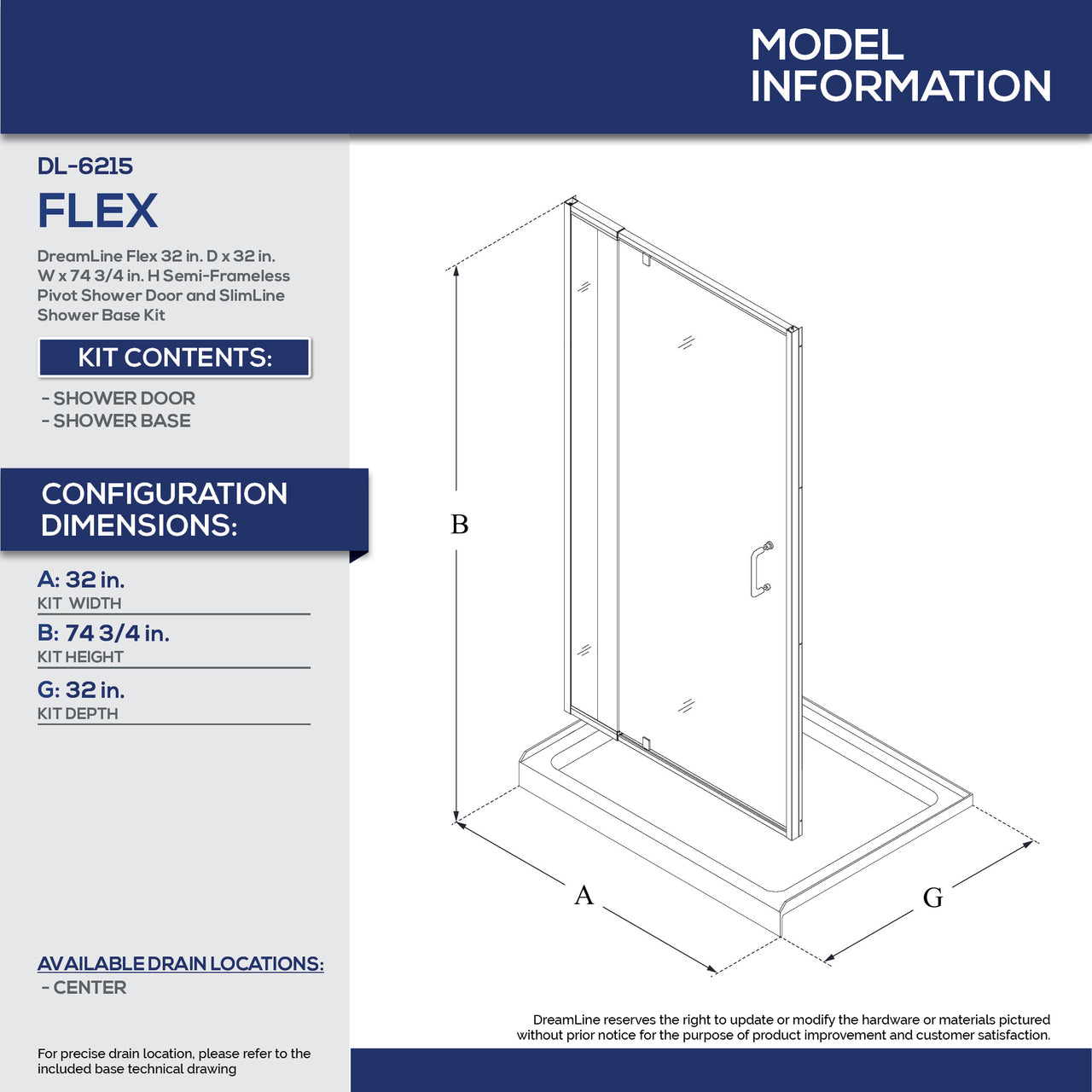 DreamLine Flex 32 in. D x 32 in. W x 74 3/4 in. H Semi-Frameless Pivot Shower Door and SlimLine Shower Base Kit - BNGBath