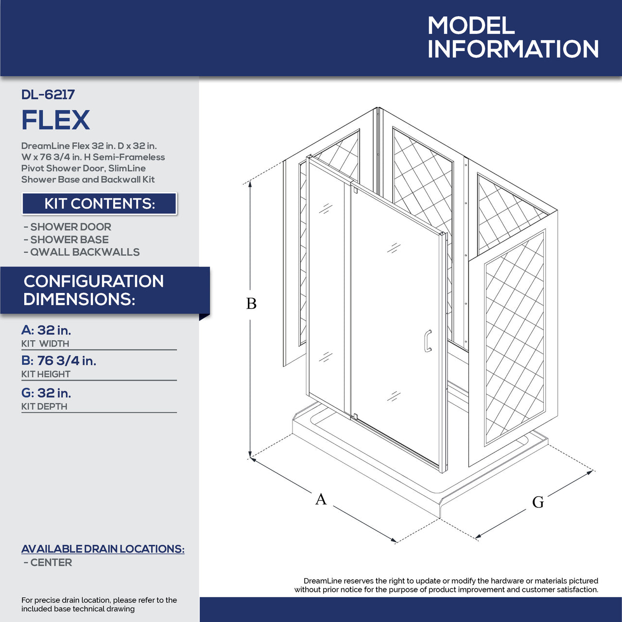 DreamLine Flex 32 in. D x 32 in. W x 76 3/4 in. H Semi-Frameless Pivot Shower Door, SlimLine Shower Base and Backwall Kit - BNGBath