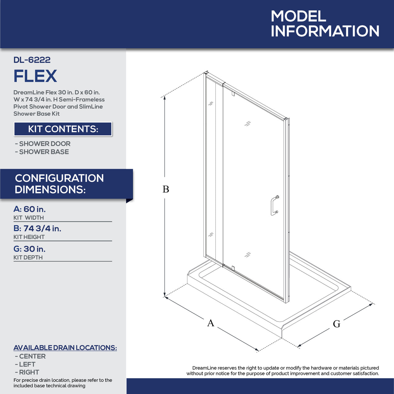 DreamLine Flex 30 in. D x 60 in. W x 74 3/4 in. H Semi-Frameless Pivot Shower Door and SlimLine Shower Base Kit - BNGBath