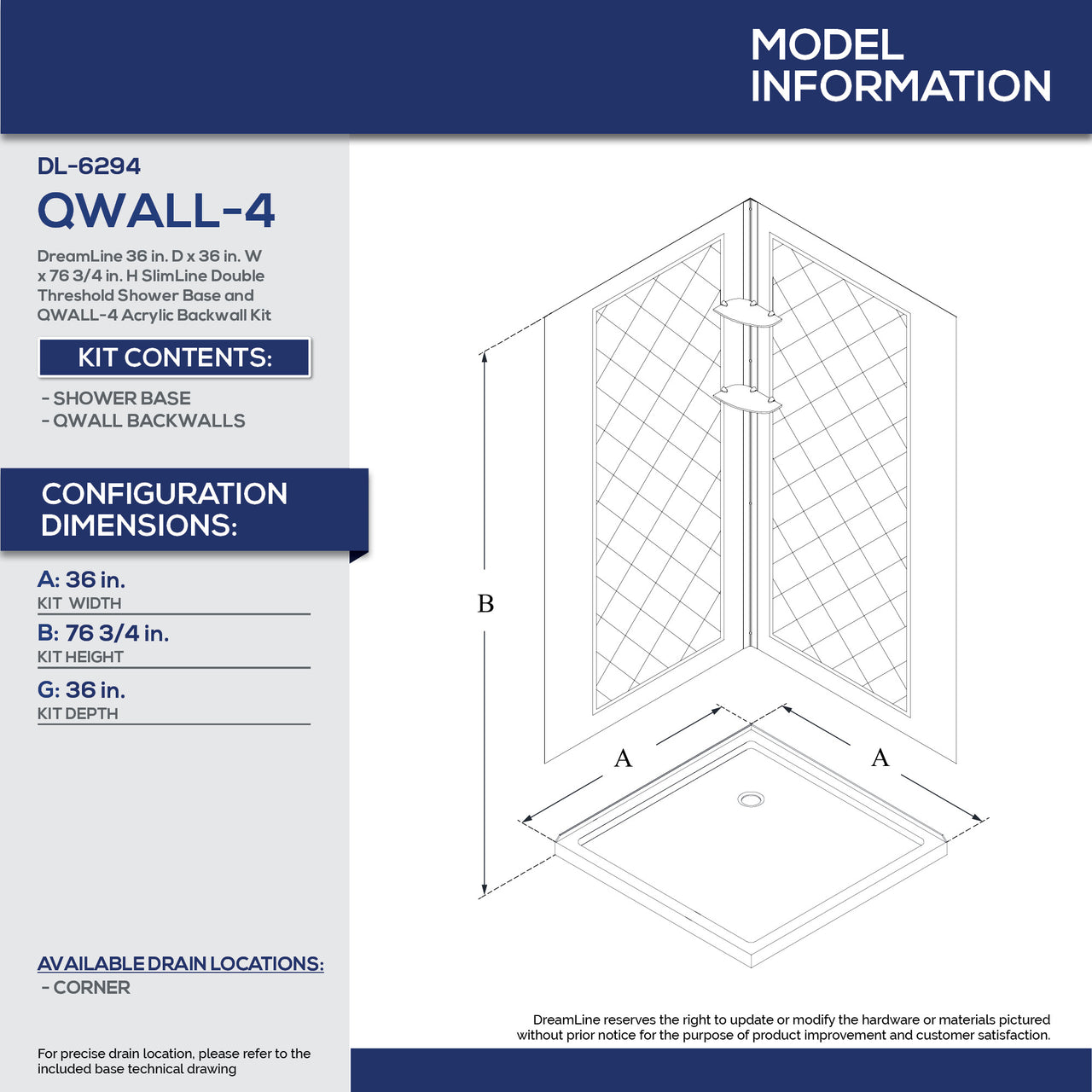 DreamLine 36 in. D x 36 in. W x 76 3/4 in. H SlimLine Double Threshold Shower Base and QWALL-4 Acrylic Backwall Kit - BNGBath