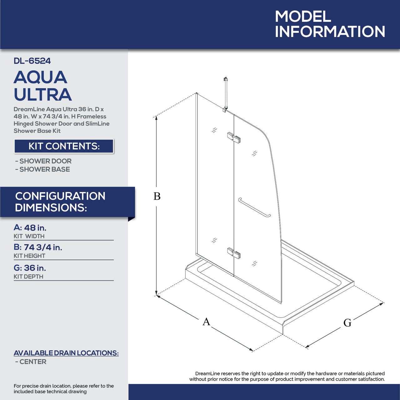 DreamLine Aqua Ultra 36 in. D x 48 in. W x 74 3/4 in. H Frameless Hinged Shower Door and SlimLine Shower Base Kit - BNGBath