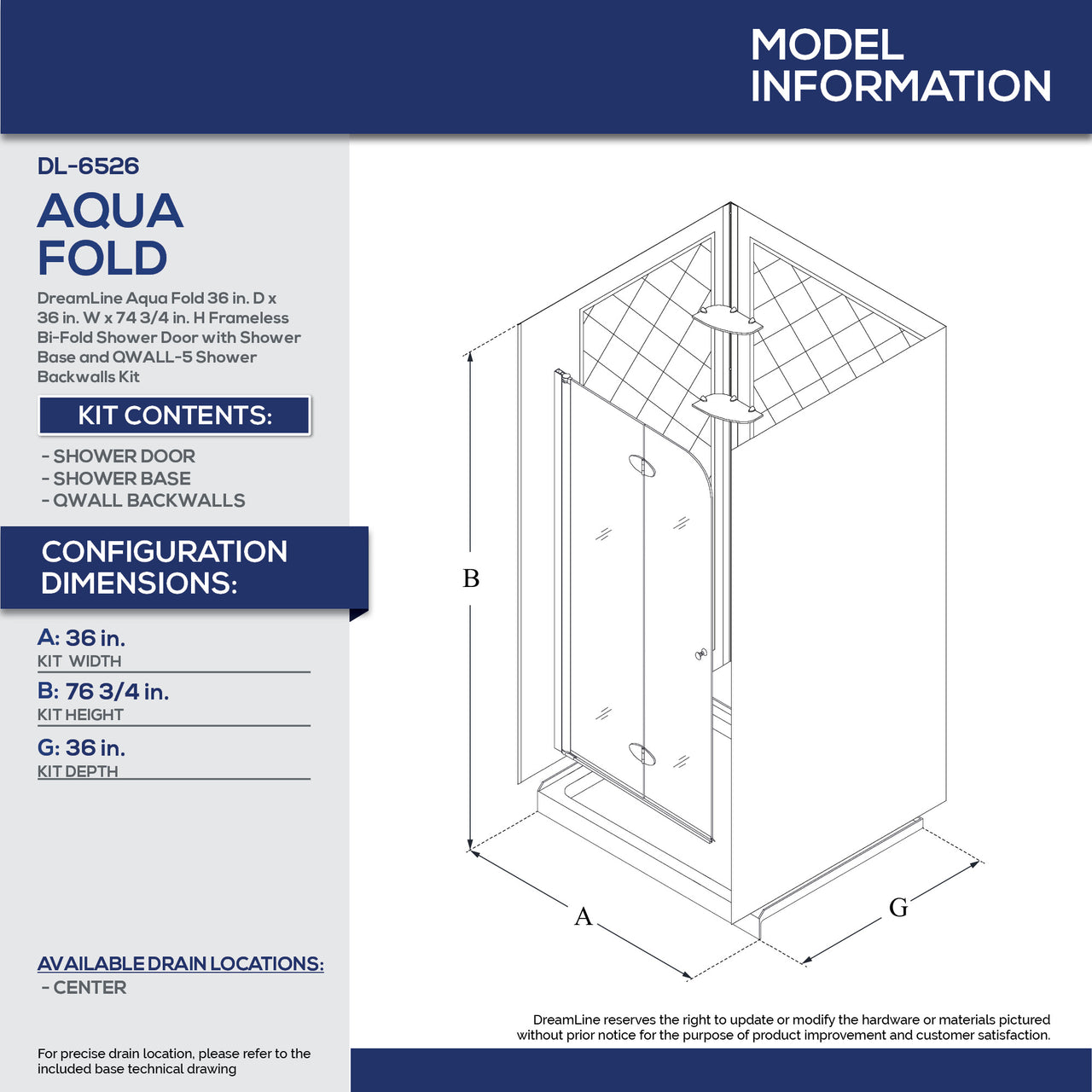 DreamLine Aqua Fold 36 in. D x 36 in. W x 76 3/4 in. H Frameless Bi-Fold Shower Door with Shower Base and QWALL-5 Shower Backwalls Kit - BNGBath