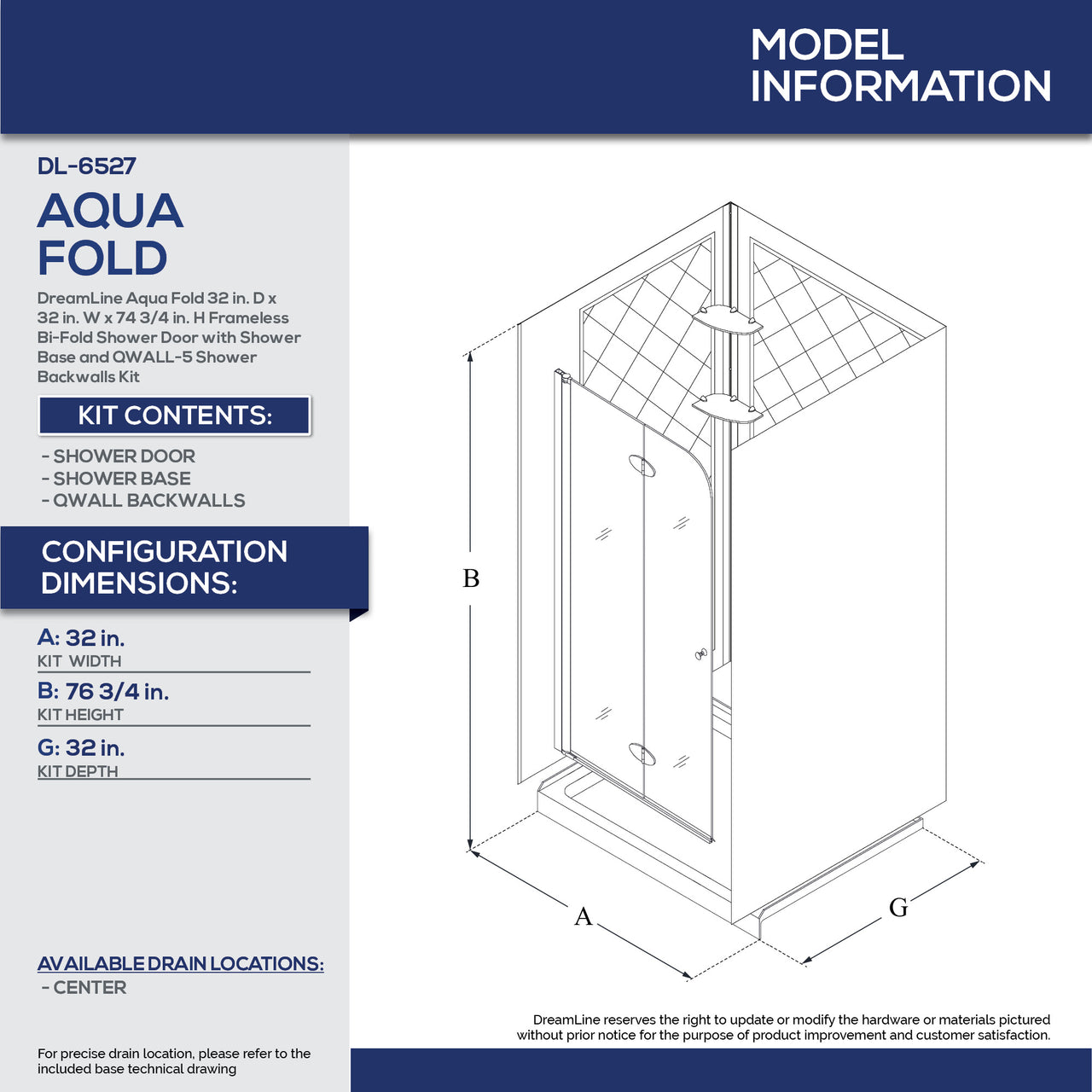 DreamLine Aqua Fold 32 in. D x 32 in. W x 76 3/4 in. H Frameless Bi-Fold Shower Door with Shower Base and QWALL-5 Shower Backwalls Kit - BNGBath