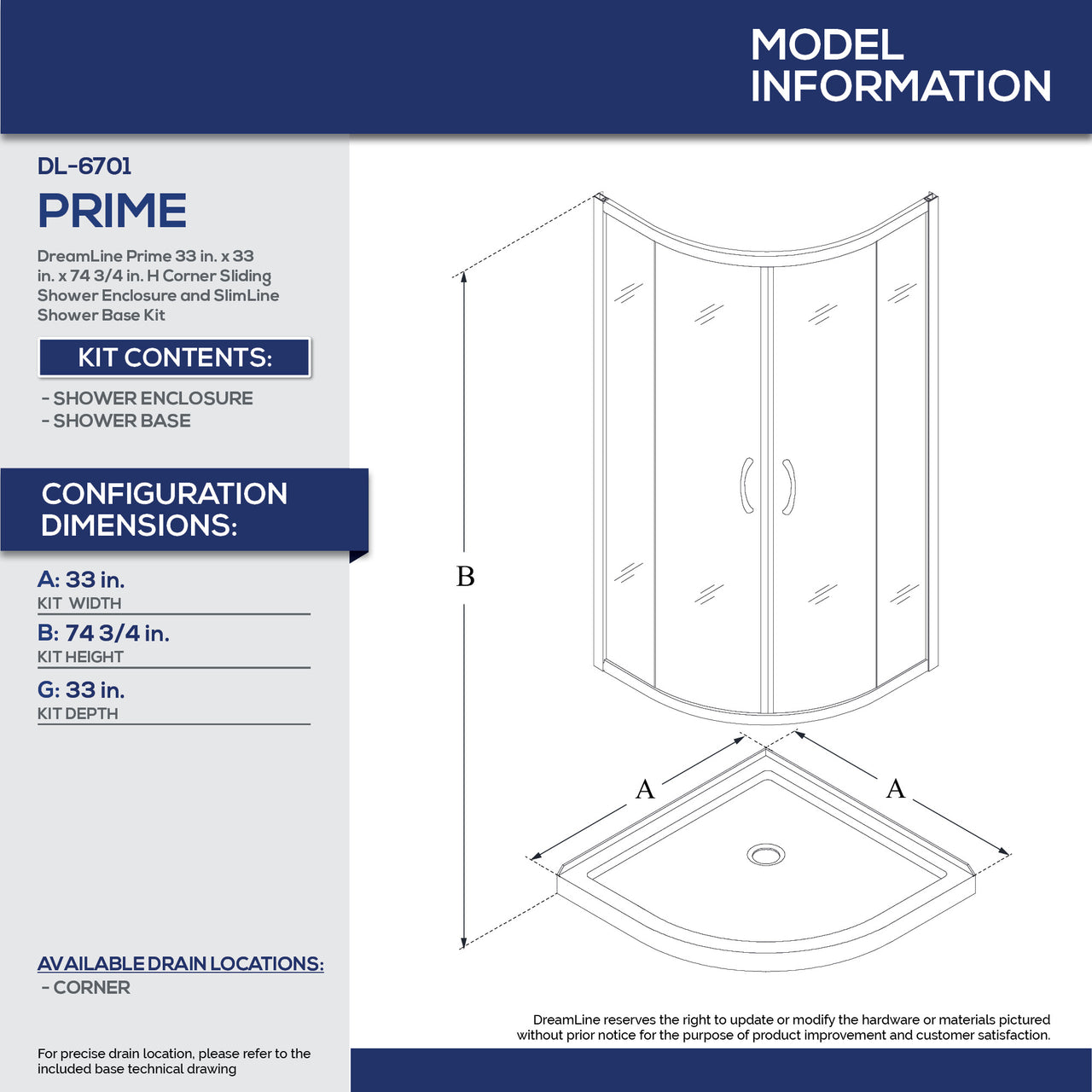 DreamLine Prime 33 in. x 33 in. x 74 3/4 in. Corner Sliding Shower Enclosure and SlimLine Shower Base Kit, Frosted Glass - BNGBath