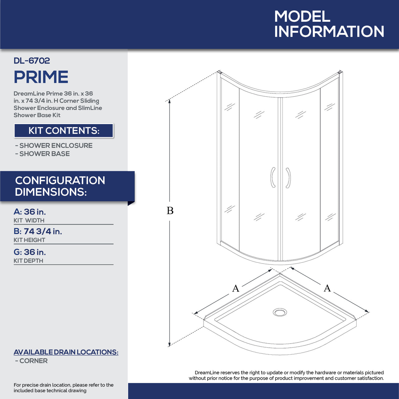 DreamLine Prime 36 in. x 36 in. x 74 3/4 in. Corner Sliding Shower Enclosure and SlimLine Shower Base Kit, Clear Glass - BNGBath