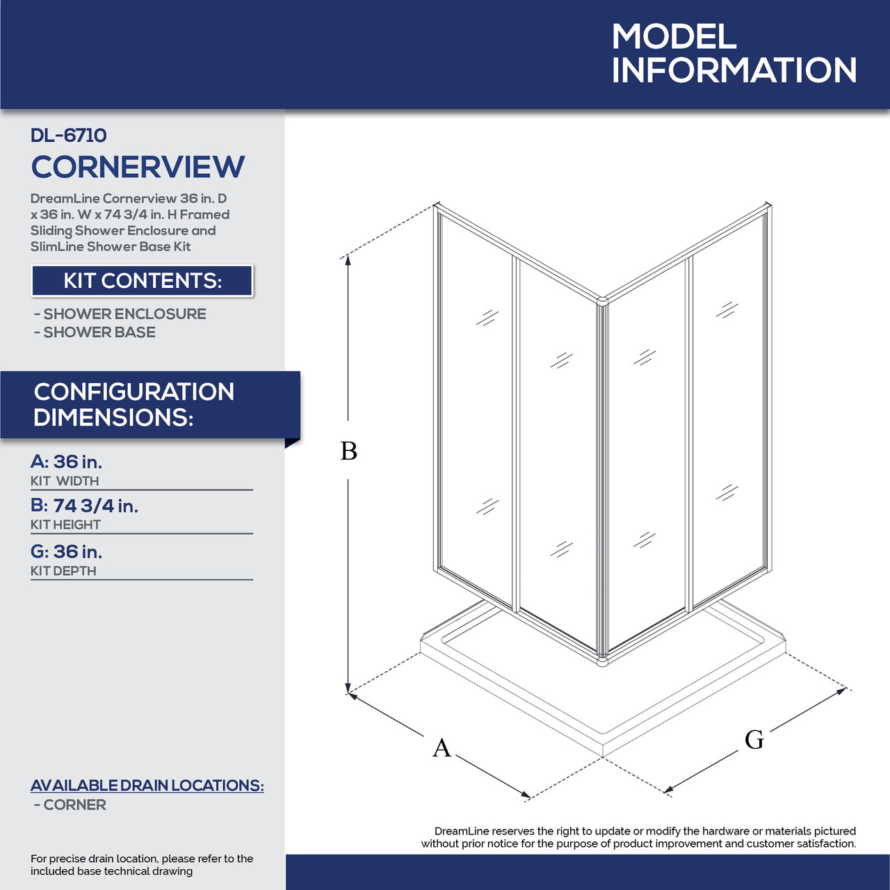 DreamLine Cornerview 36 in. D x 36 in. W x 74 3/4 in. H Framed Sliding Shower Enclosure and SlimLine Shower Base Kit - BNGBath