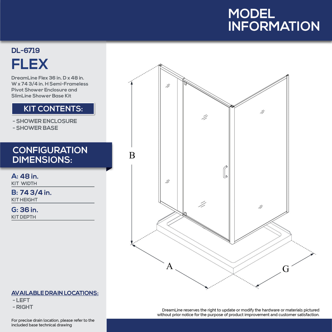 DreamLine Flex 36 in. D x 48 in. W x 74 3/4 in. H Semi-Frameless Pivot Shower Enclosure and SlimLine Shower Base Kit - BNGBath