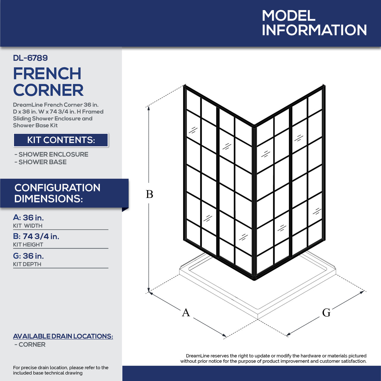 DreamLine French Corner 36 in. D x 36 in. W x 74 3/4 in. H Framed Sliding Shower Enclosure and Shower Base Kit - BNGBath