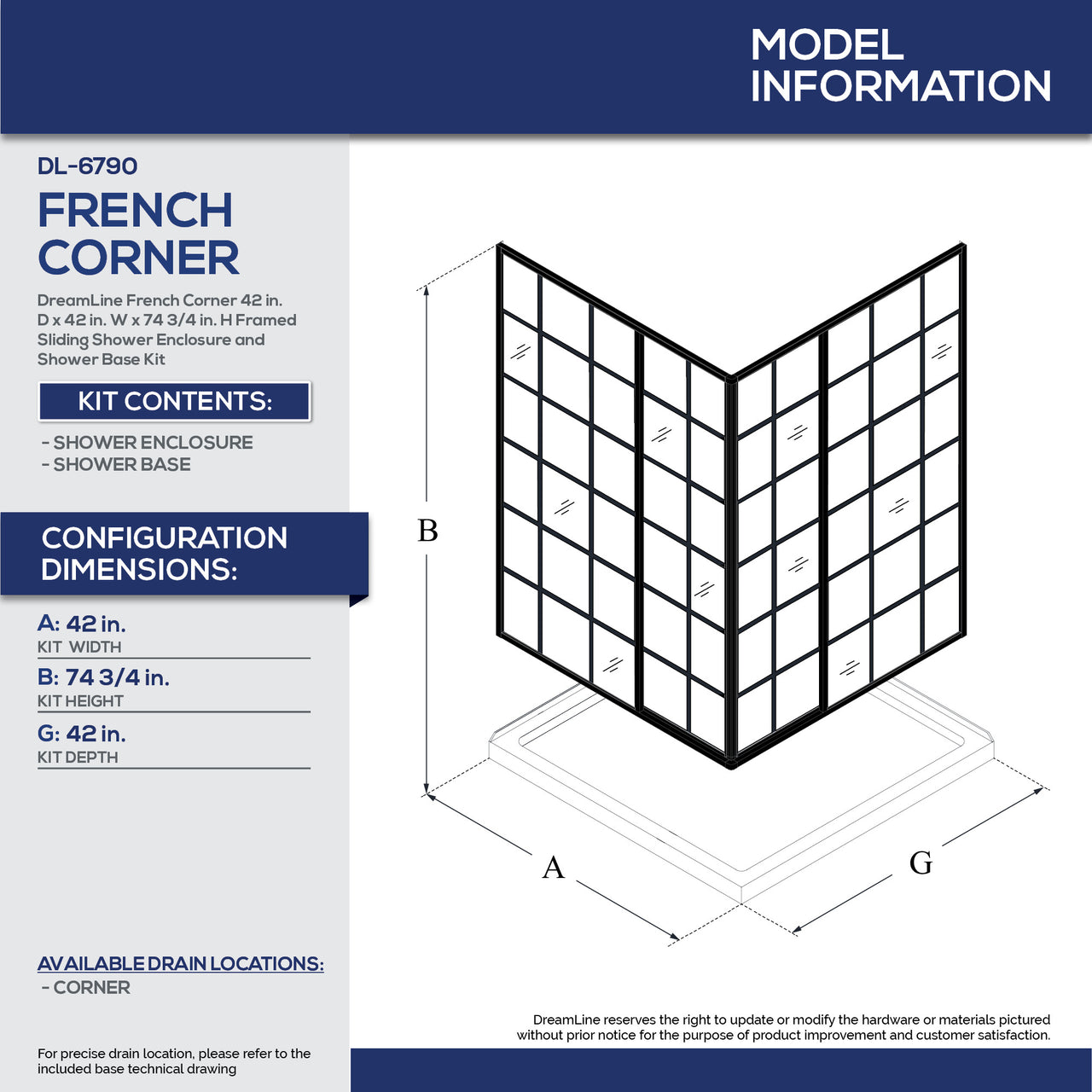 DreamLine French Corner 42 in. D x 42 in. W x 74 3/4 in. H Framed Sliding Shower Enclosure and Shower Base Kit - BNGBath