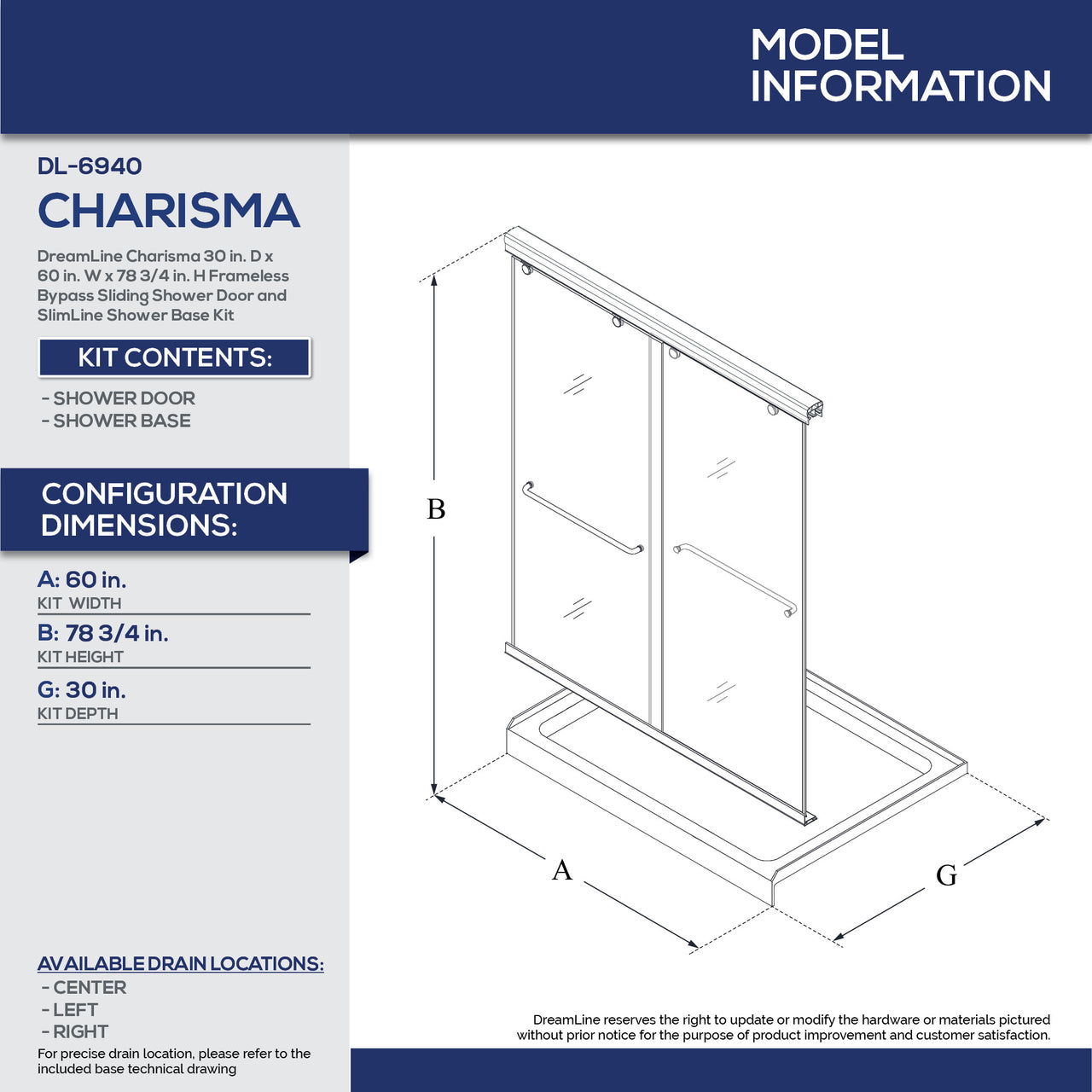 DreamLine Charisma 30 in. D x 60 in. W x 78 3/4 in. H Frameless Bypass Sliding Shower Door and SlimLine Shower Base Kit - BNGBath