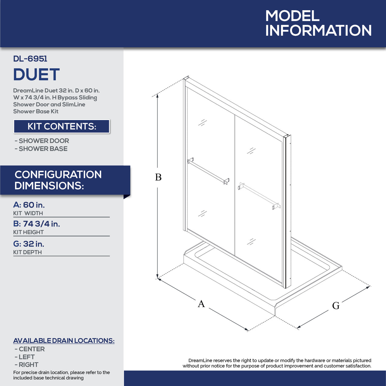 DreamLine Duet 32 in. D x 60 in. W x 74 3/4 in. H Semi-Frameless Bypass Sliding Shower Door and SlimLine Shower Base Kit - BNGBath