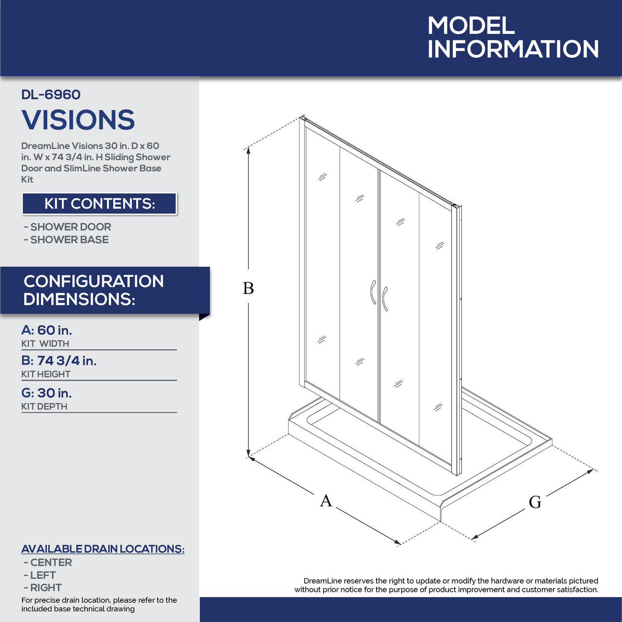 DreamLine Visions 30 in. D x 60 in. W x 74 3/4 in. H Semi-Frameless Sliding Shower Door and SlimLine Shower Base Kit - BNGBath