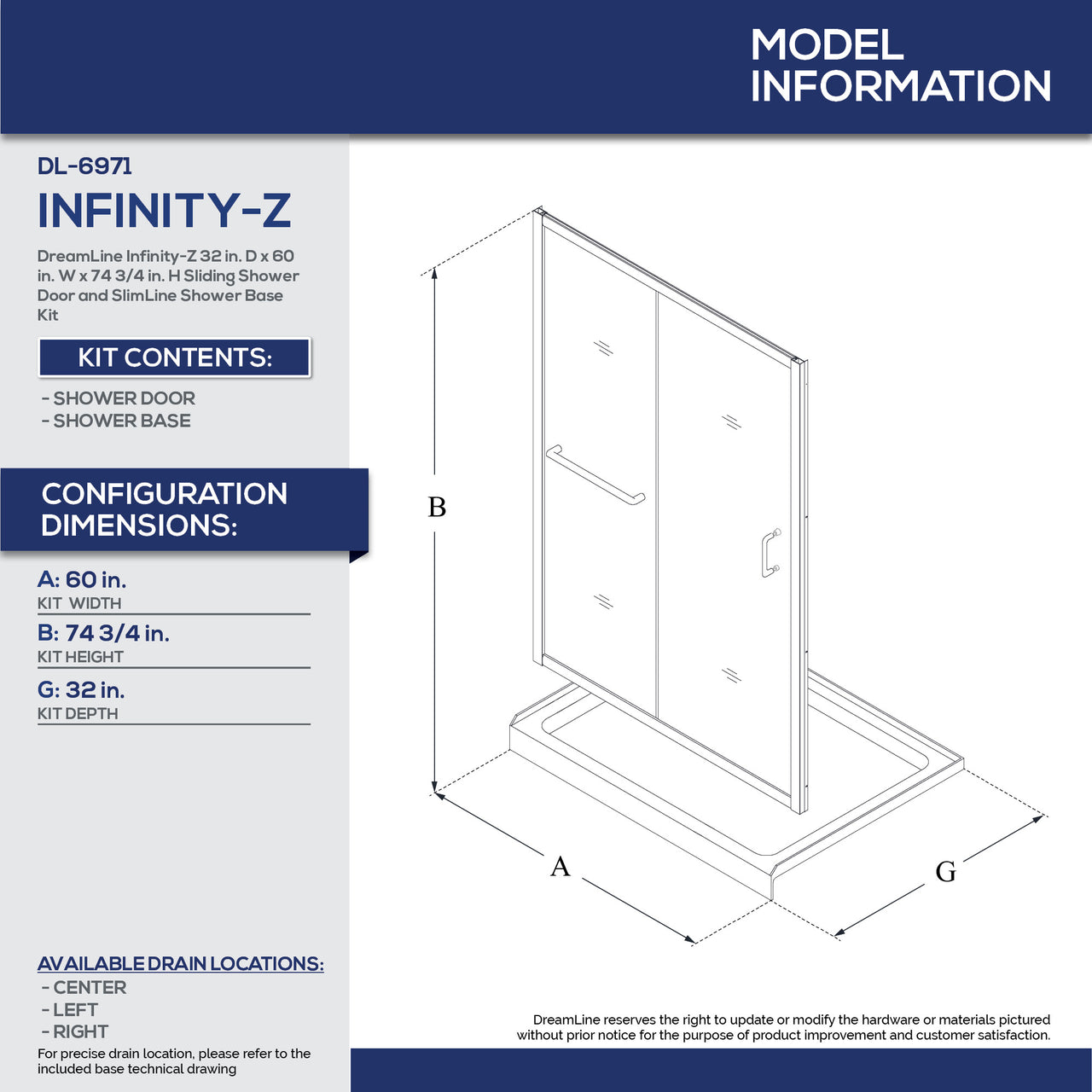 DreamLine Infinity-Z 32 in. D x 60 in. W x 74 3/4 in. H Semi-Frameless Sliding Shower Door and SlimLine Shower Base Kit, Frosted Glass - BNGBath