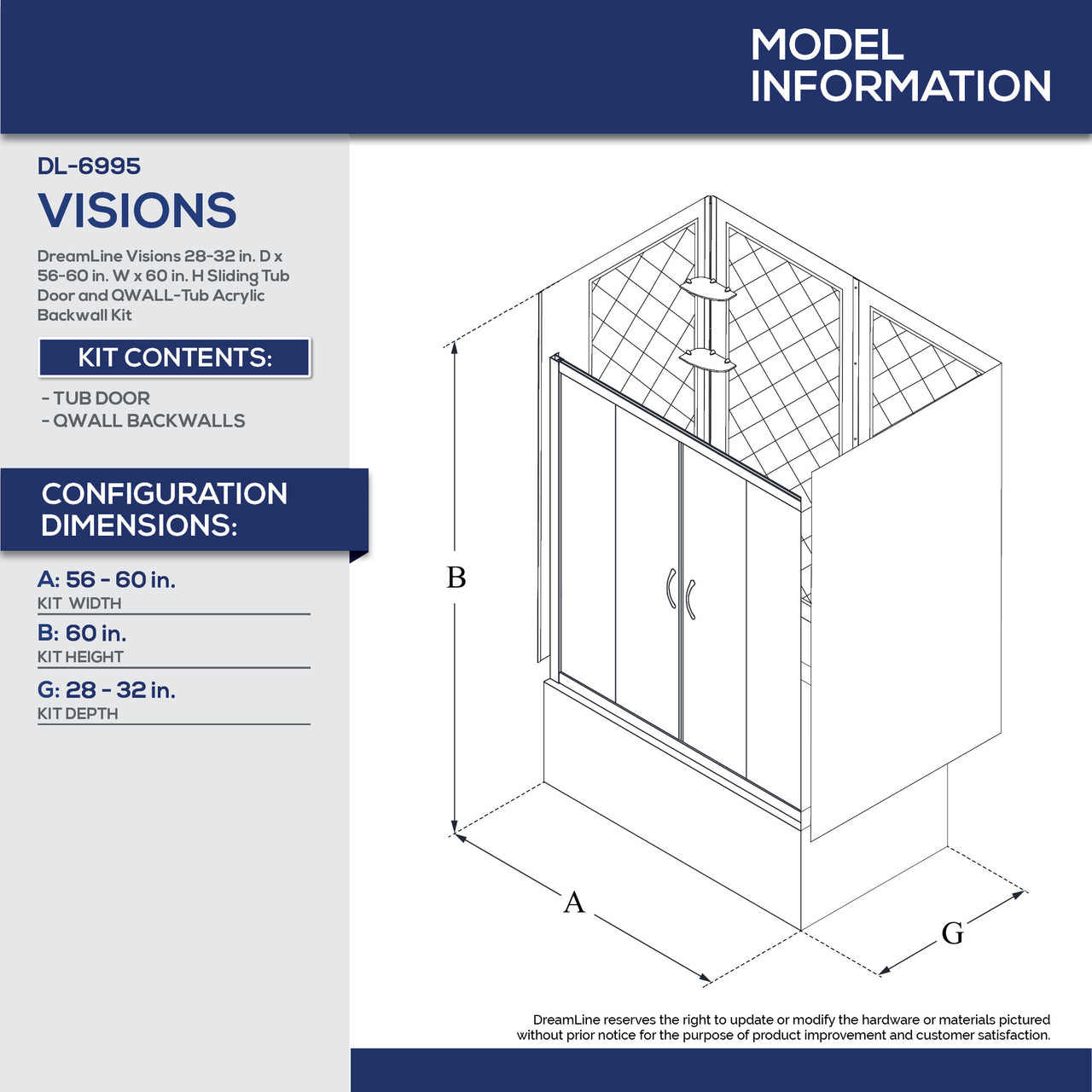 DreamLine Visions 56-60 in. W x 60 in. H Semi-Frameless Sliding Tub Door and QWALL-Tub Acrylic Backwall Kit - BNGBath