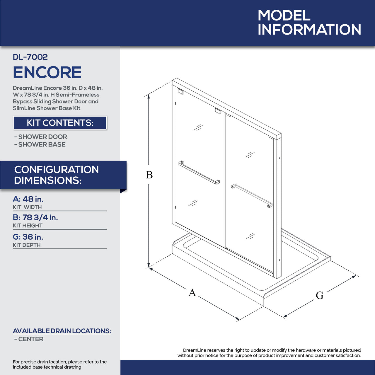 DreamLine Encore 36 in. D x 48 in. W x 78 3/4 in. H Semi-Frameless Bypass Sliding Shower Door and SlimLine Shower Base Kit - BNGBath