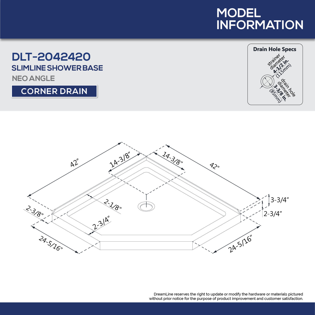 DreamLine 42 in. x 42 in. x 76 3/4 in. H SlimLine Neo-Angle Shower Base and QWALL-4 Acrylic Backwall Kit - BNGBath