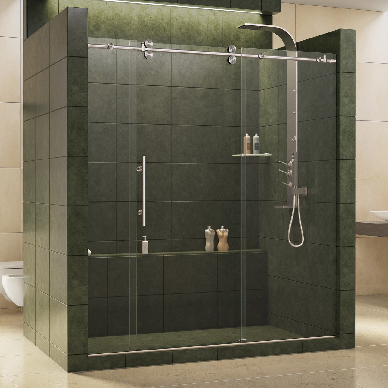 DreamLine Enigma 68-72 in. W x 79 in. H Fully Frameless Sliding Shower Door - BNGBath