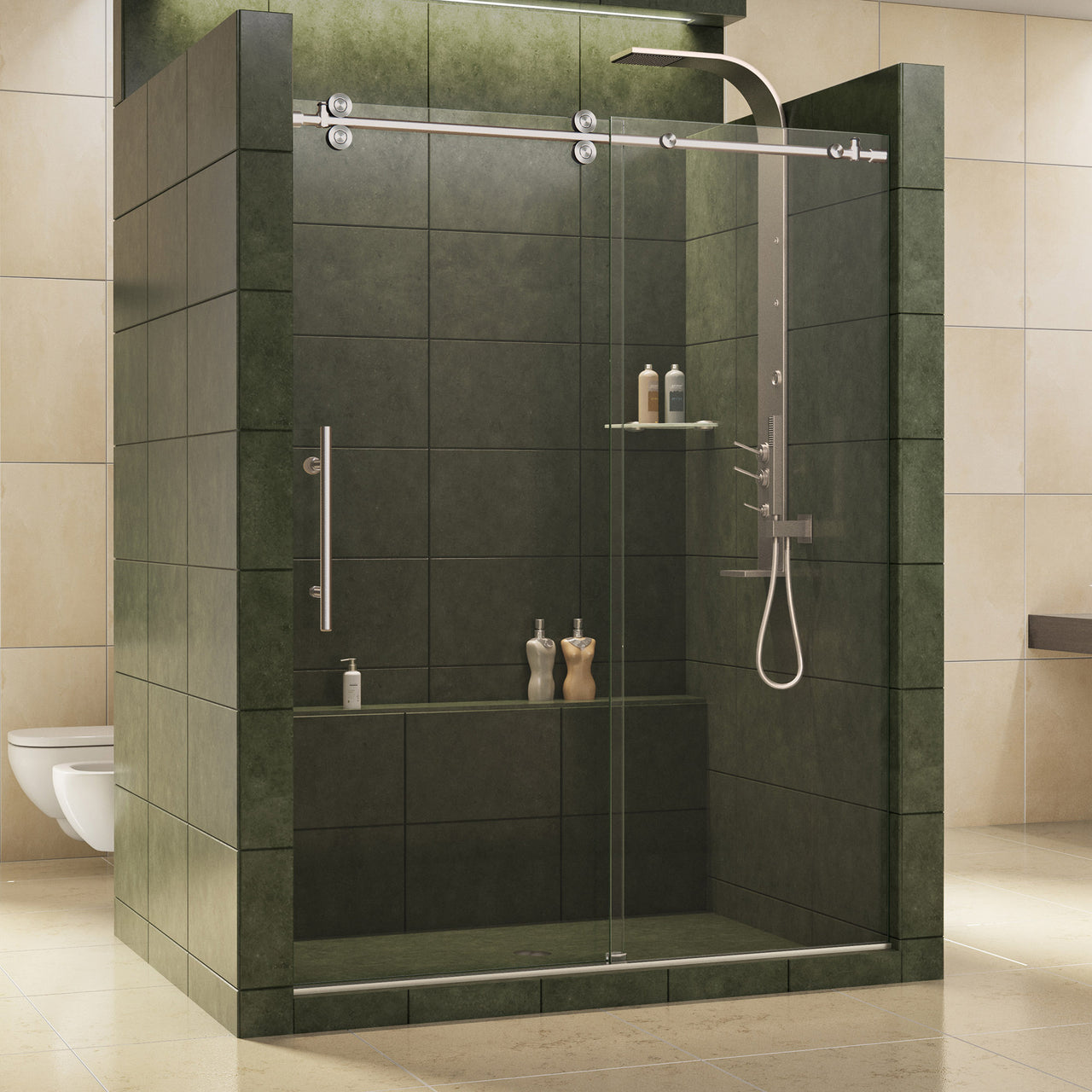 DreamLine Enigma 56-60 in. W x 79 in. H Fully Frameless Sliding Shower Door - BNGBath