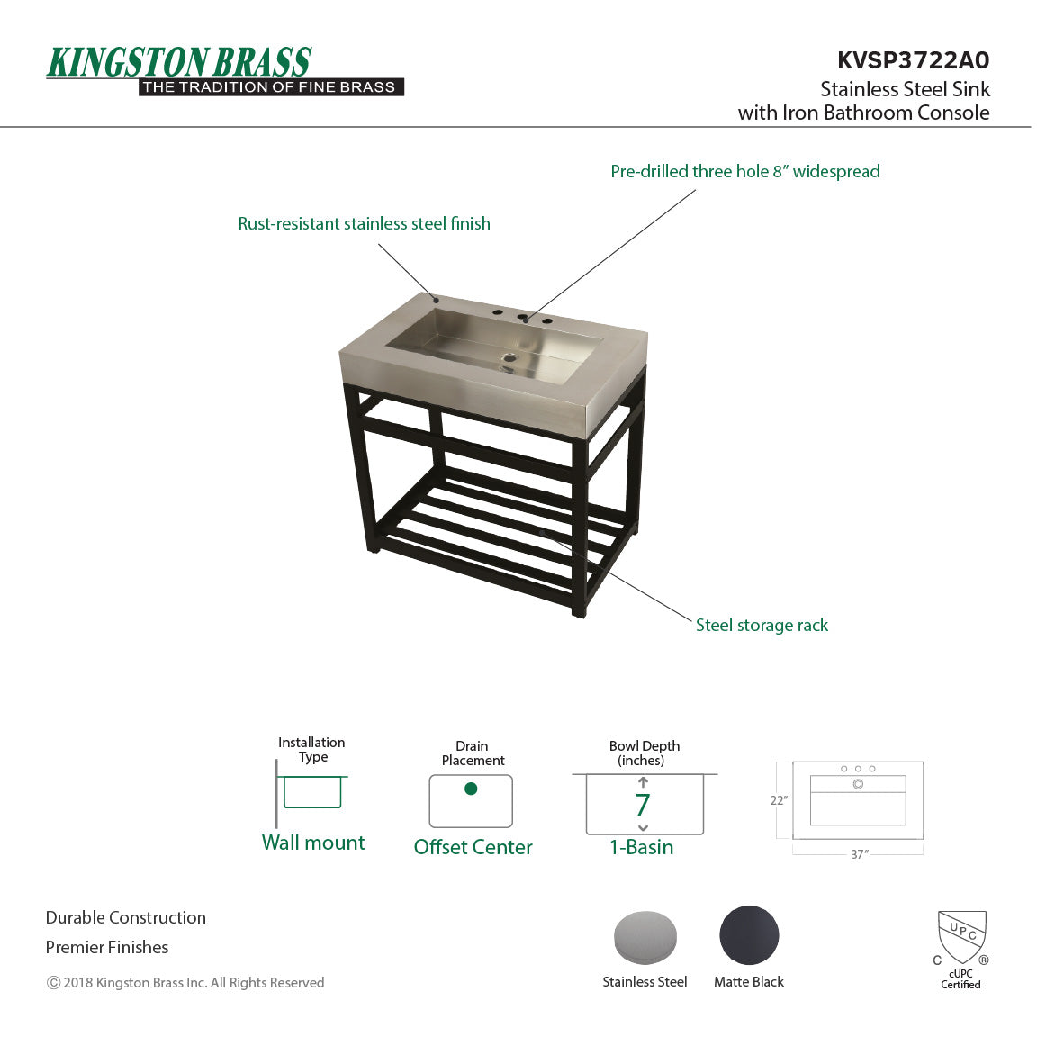 Kingston 37x22x35 Commercial Console Vanity Sink w/Base - BNGBath