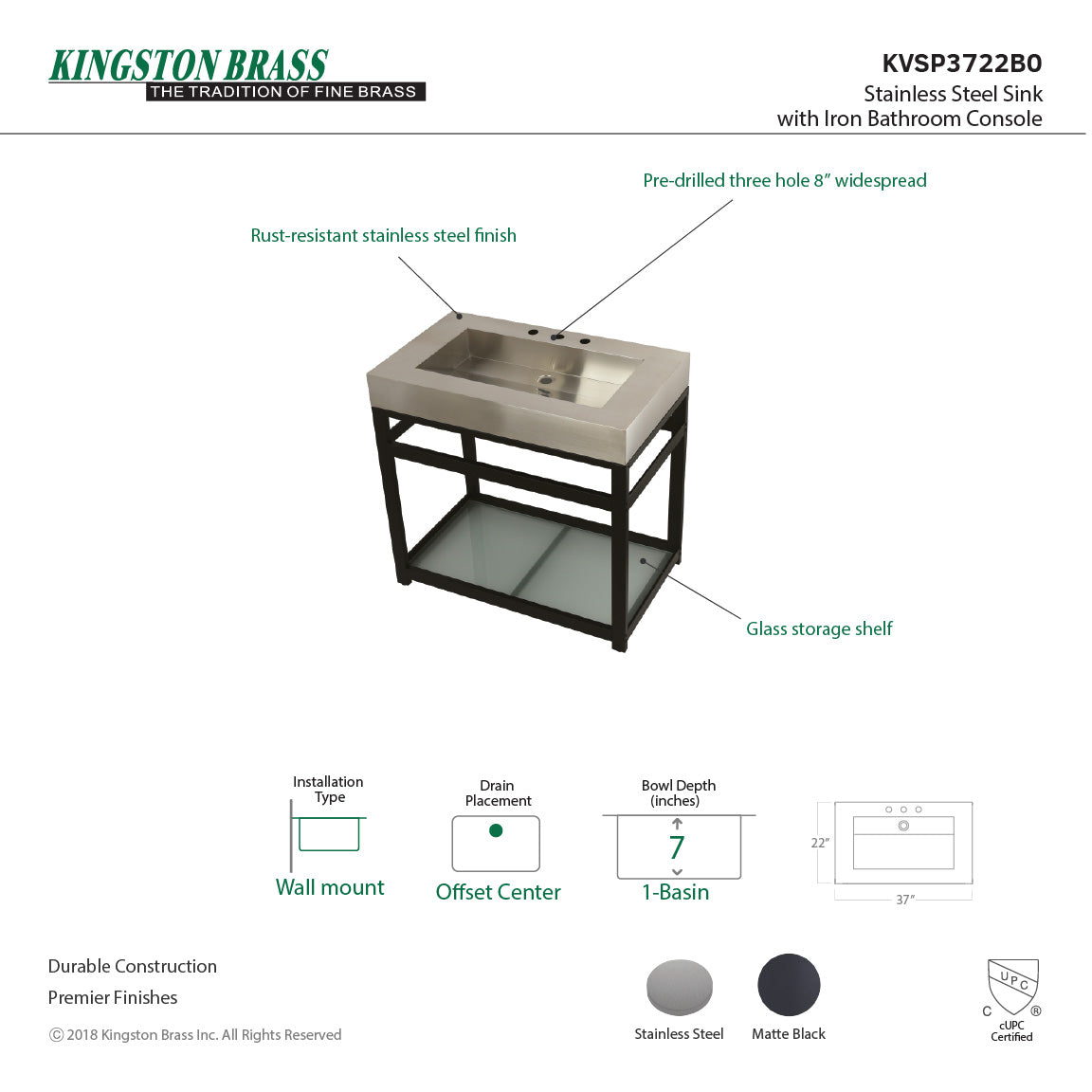 Kingston 37x22x35 Commercial Console Vanity Sink w/Base - BNGBath