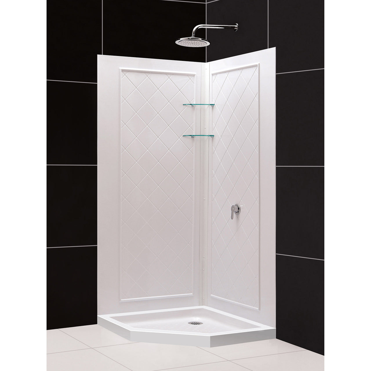 DreamLine 42 in. x 42 in. x 76 3/4 in. H SlimLine Neo-Angle Shower Base and QWALL-4 Acrylic Backwall Kit - BNGBath