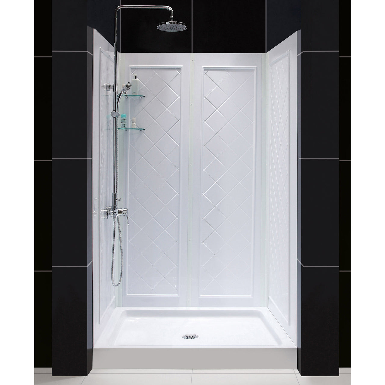 DreamLine Flex 36 in. D x 48 in. W x 76 3/4 in. H Semi-Frameless Pivot Shower Door, SlimLine Shower Base and Backwall Kit - BNGBath