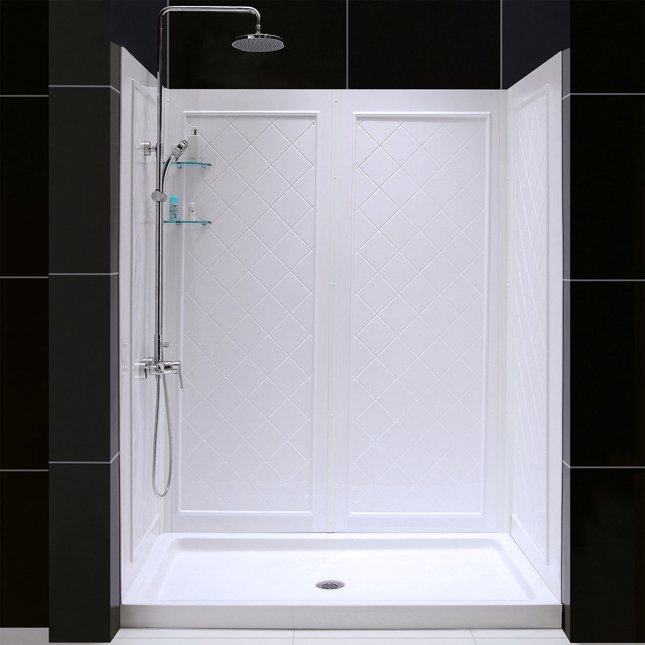 DreamLine 34 in. D x 60 in. W x 76 3/4 in. H SlimLine Single Threshold Shower Base and QWALL-5 Acrylic Backwall Kit - BNGBath