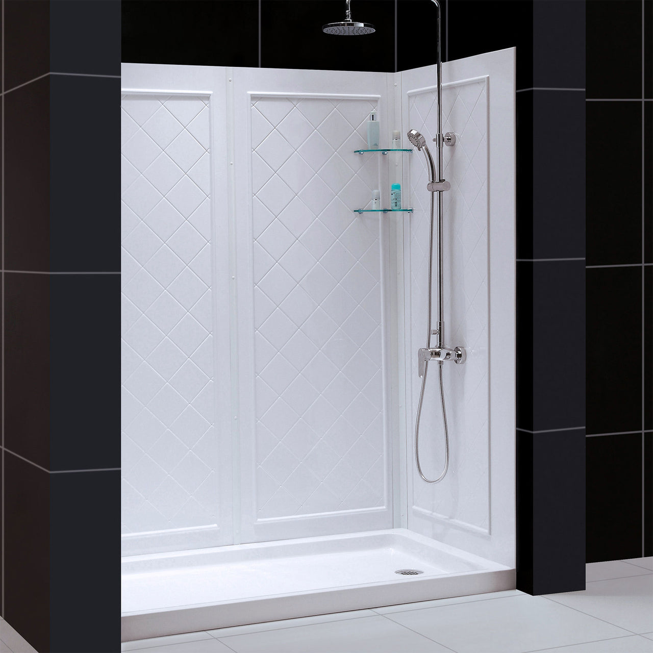 DreamLine 32 in. D x 60 in. W x 76 3/4 in. H SlimLine Single Threshold Shower Base and QWALL-5 Acrylic Backwall Kit - BNGBath