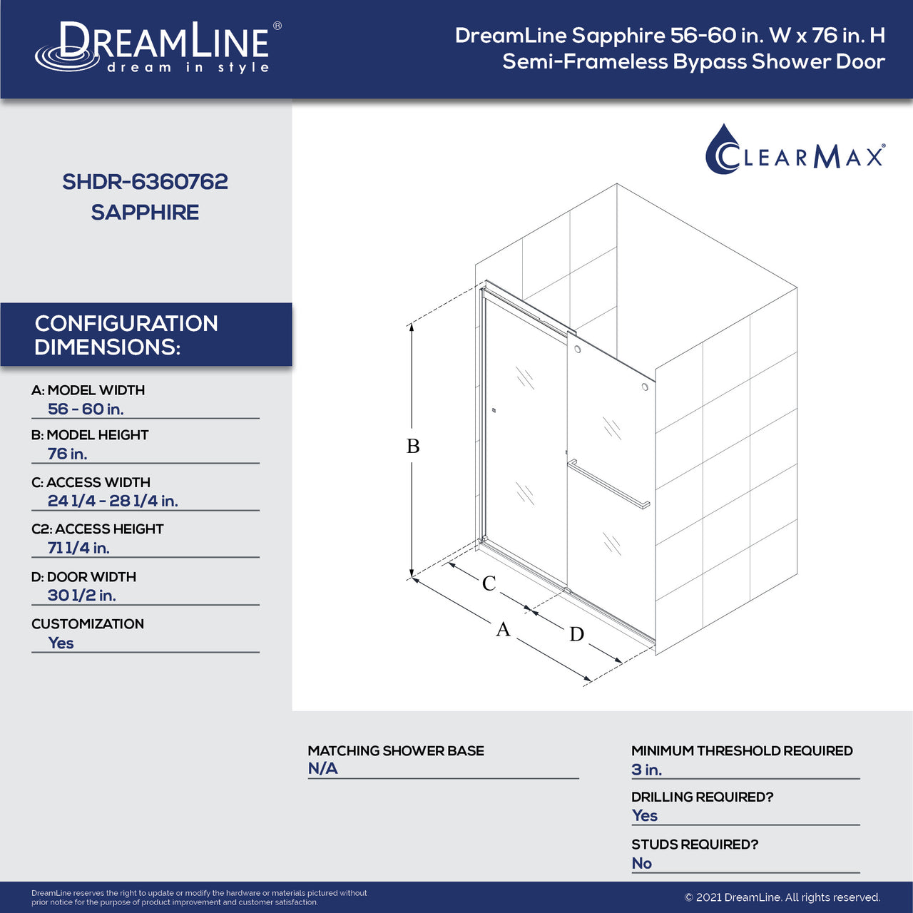 DreamLine Sapphire 56-60 in. W x 76 in. H Semi-Frameless Bypass Shower Door - BNGBath