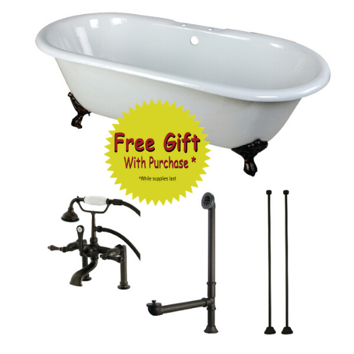 66-Inch Cast Iron Dbl Ended Clawfoot Tub Combo w/Faucet and Supply Lines - BNGBath