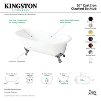 Thumbnail for 57-Inch Cast Iron Single Slipper Clawfoot Tub (No Faucet Drillings) - BNGBath