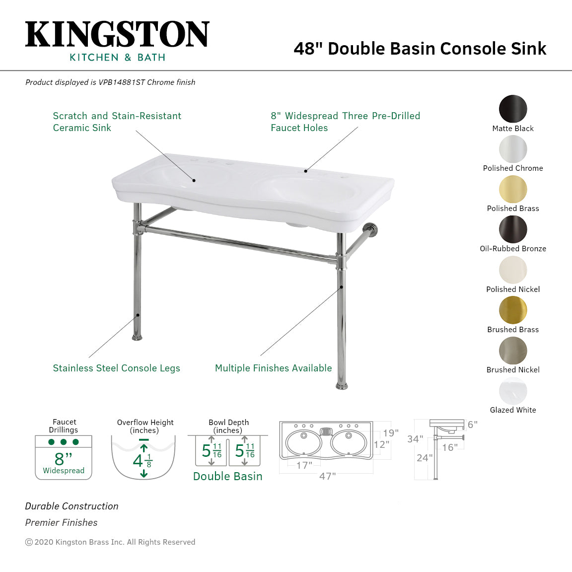 Imperial 47-Inch Double Bowl Console Sink W/ Legs - BNGBath