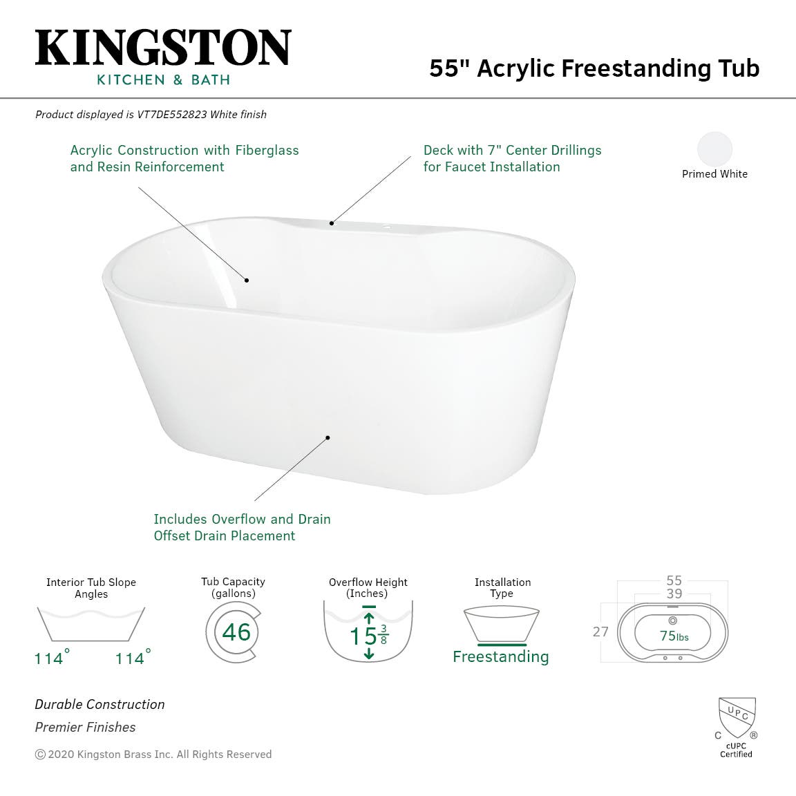 55-Inch Acrylic Freestanding Tub w/ Deck for Faucet - BNGBath