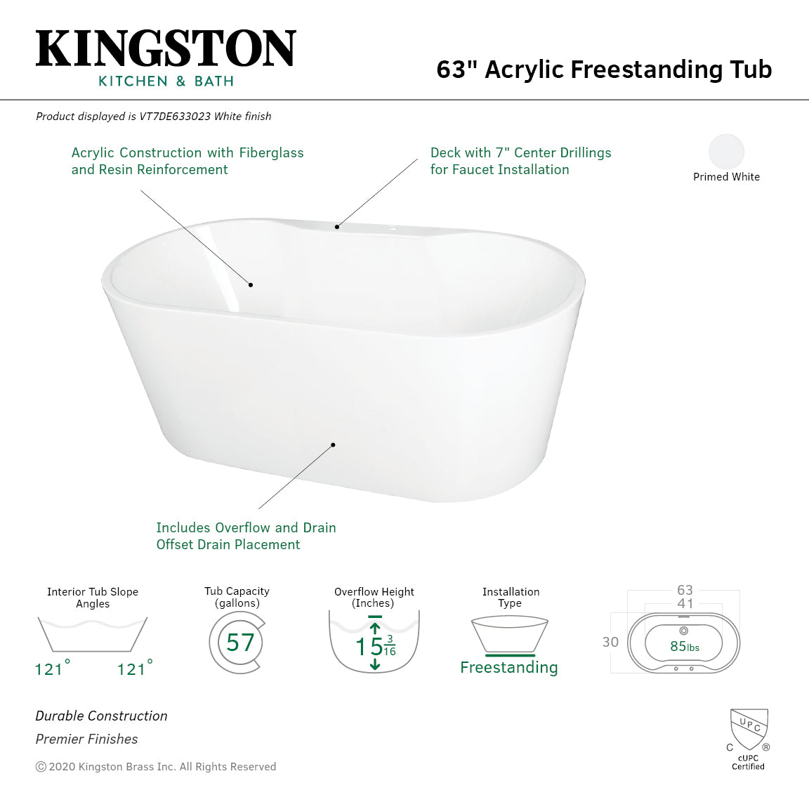 63" Acrylic Freestanding Tub W/ Deck for Faucet - BNGBath